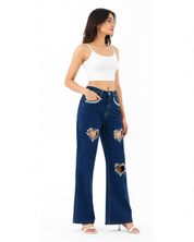 Eros - Rhinestone Embellished Cut Out Jeans - Dark Blue