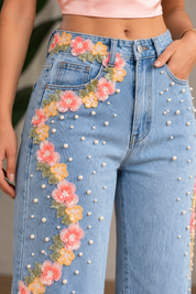 (Limited Edition) Coral Fluèr - Embellished Lace Jeans - Ice Blue