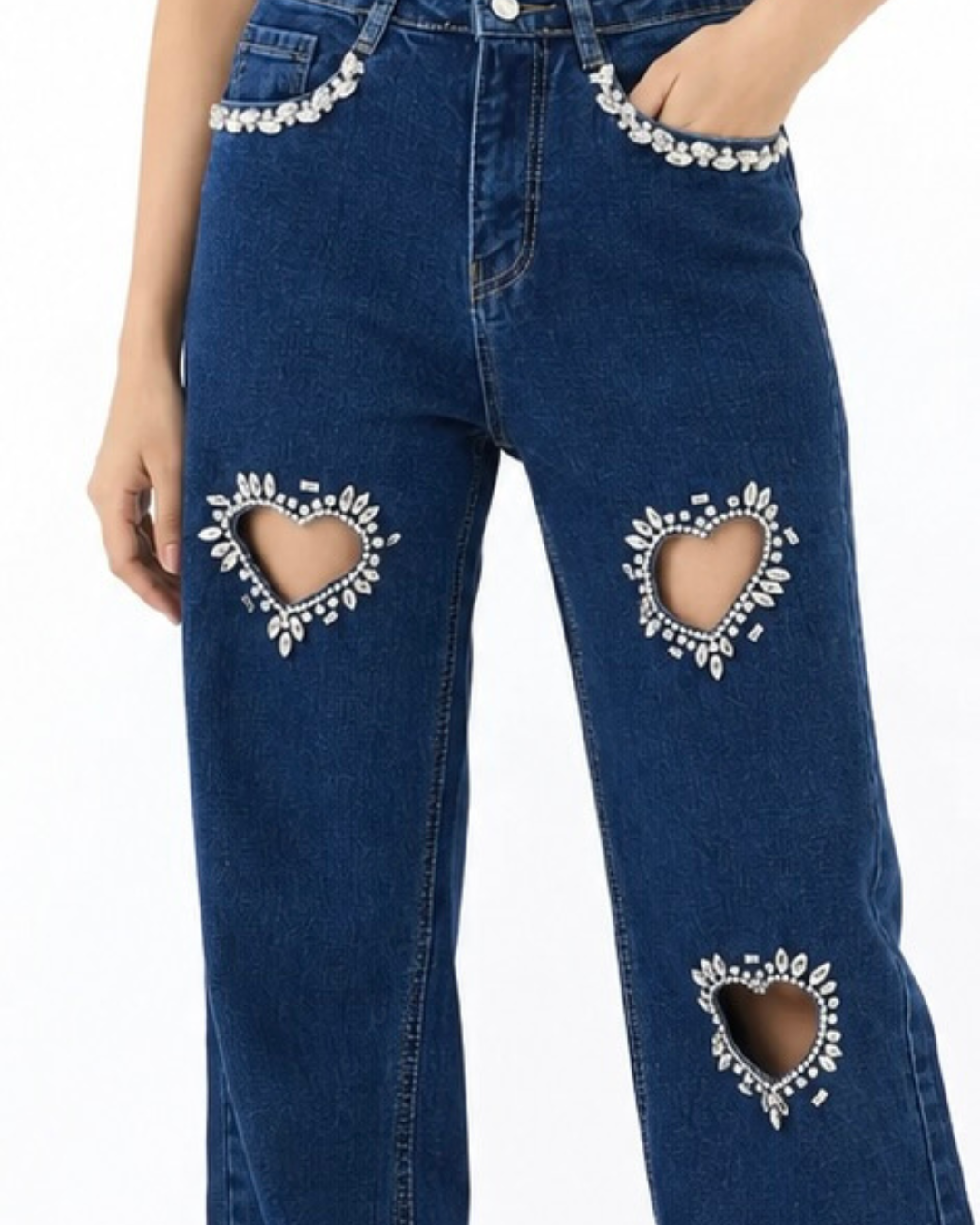 Eros - Rhinestone Embellished Cut Out Jeans - Dark Blue
