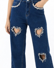 Eros - Rhinestone Embellished Cut Out Jeans - Dark Blue