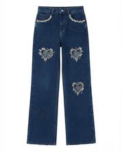 Eros - Rhinestone Embellished Cut Out Jeans - Dark Blue