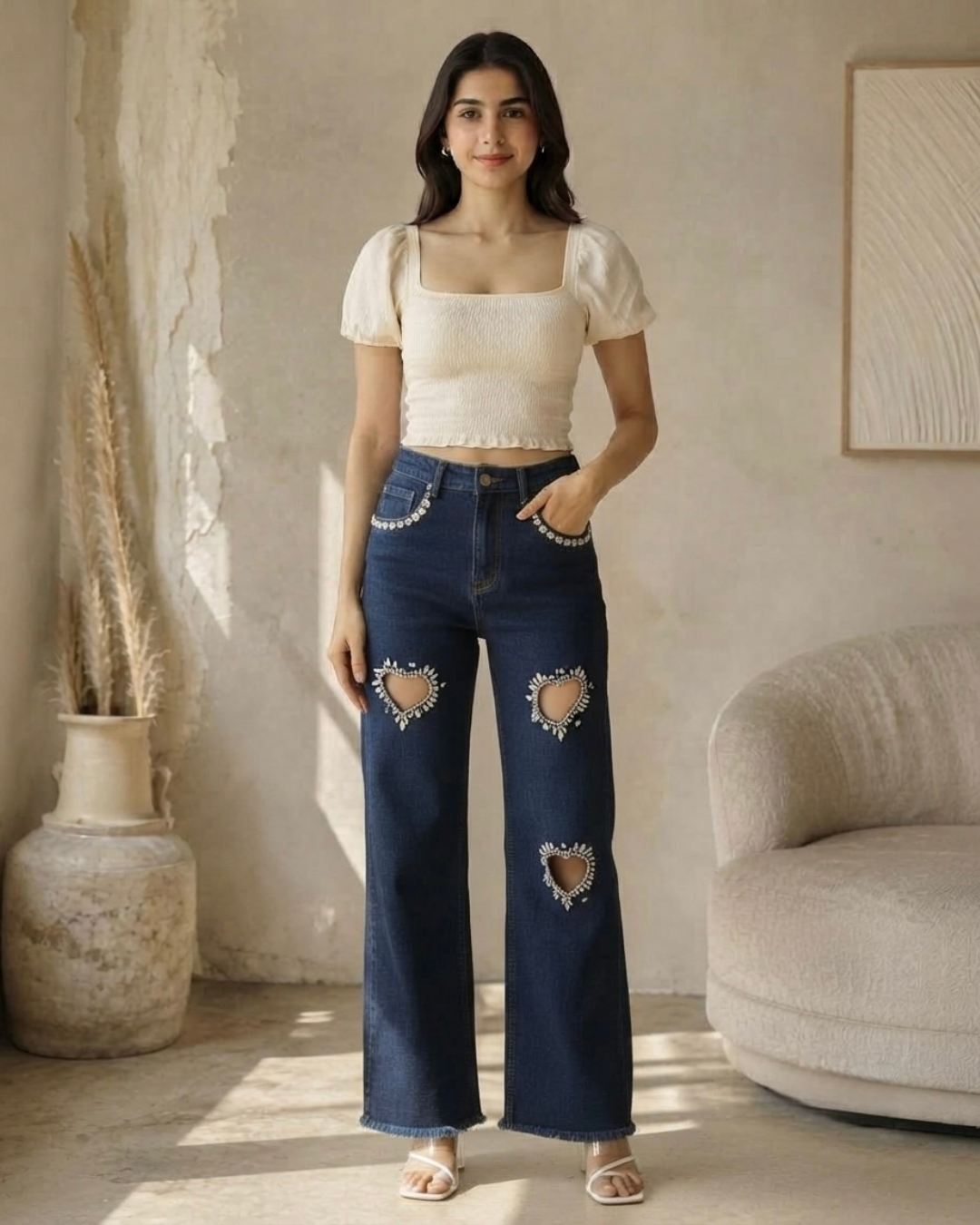 Eros - Rhinestone Embellished Cut Out Jeans - Dark Blue