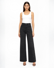 Celeste Noir - High Rise Rhinestone Embellished Wide Leg Flared Jeans - Black