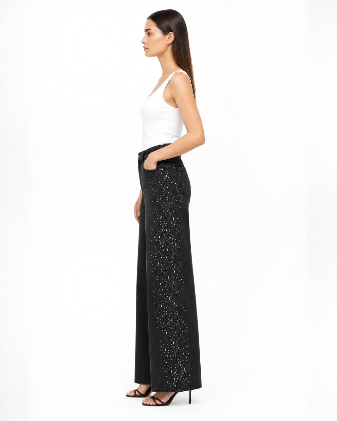Celeste Noir - High Rise Rhinestone Embellished Wide Leg Flared Jeans - Black