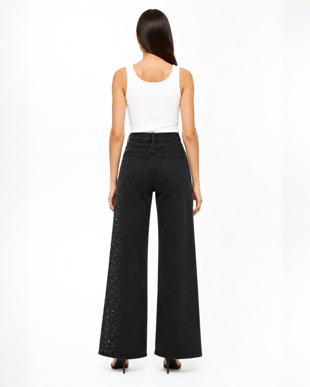 Celeste Noir - High Rise Rhinestone Embellished Wide Leg Flared Jeans - Black