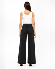 Celeste Noir - High Rise Rhinestone Embellished Wide Leg Flared Jeans - Black
