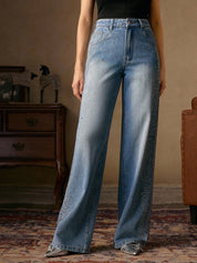 Mira - Rhinestone Embellished Wide Leg Jeans - Ice Blue