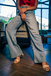 Dazie - Rhinestone Embellished Wide Leg Jeans