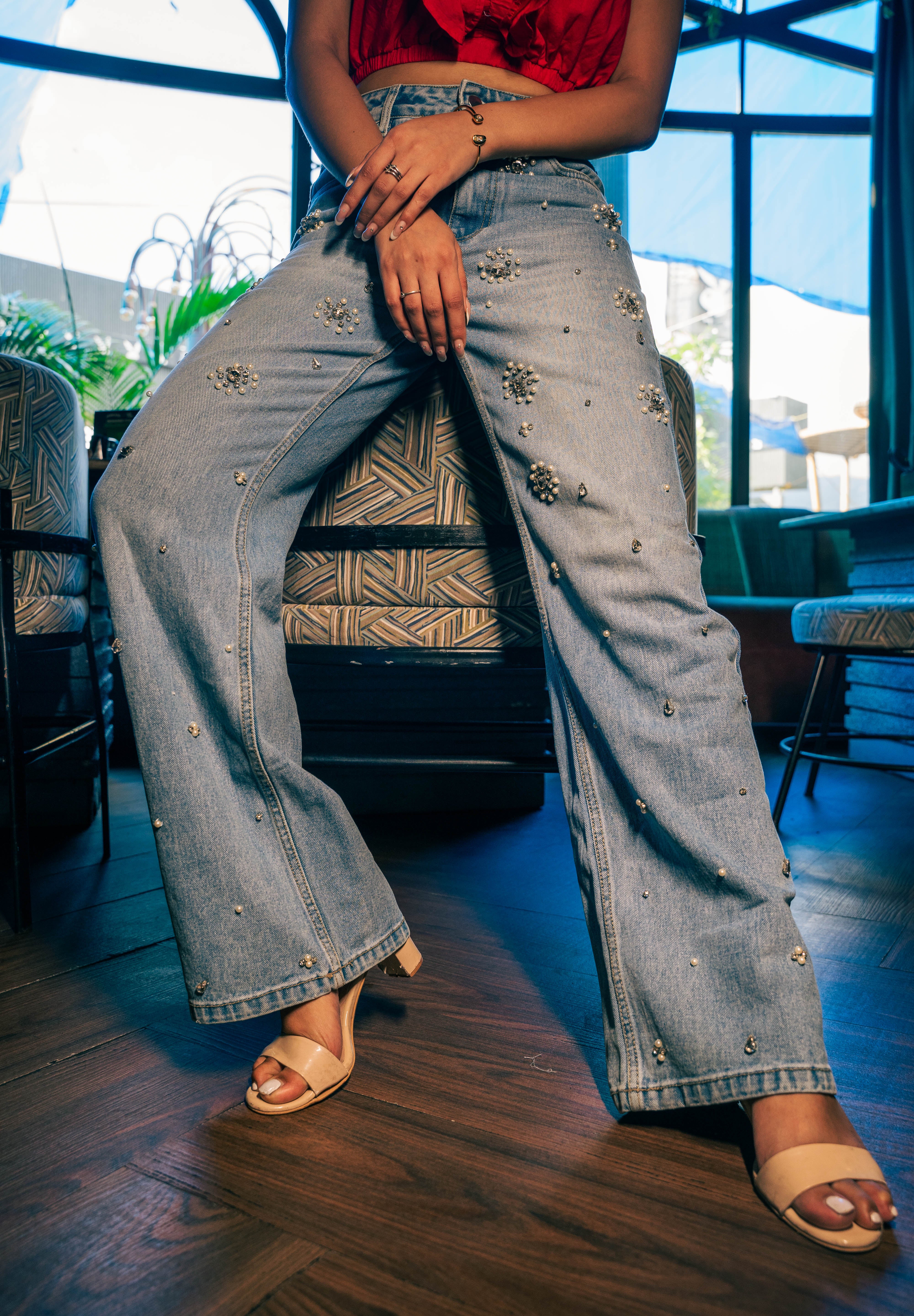 Dazie - Rhinestone Embellished Wide Leg Jeans