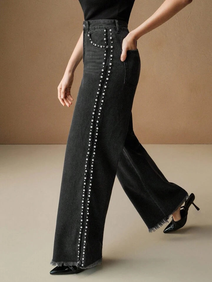 Myra - High Rise Pearl Embellished Wide Leg Jeans