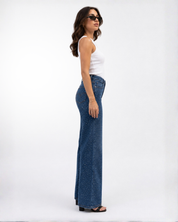 Midnight Blue Diamante Denim High Rise Wide Leg Jeans - Dark Blue