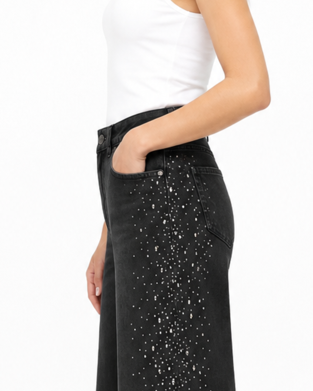 Celeste Noir - High Rise Rhinestone Embellished Wide Leg Flared Jeans - Black