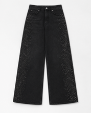 Celeste Noir - High Rise Rhinestone Embellished Wide Leg Flared Jeans - Black
