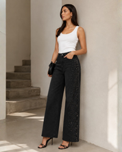 Celeste Noir - High Rise Rhinestone Embellished Wide Leg Flared Jeans - Black