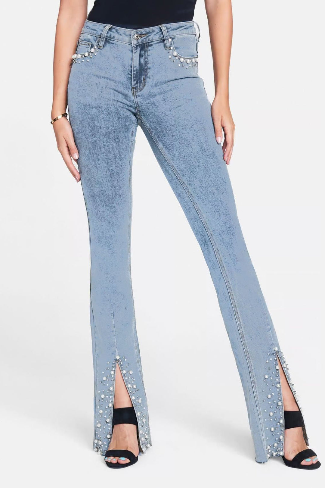 High Rise Embellished Boot Cut Flared Jeans - Iris Pearl