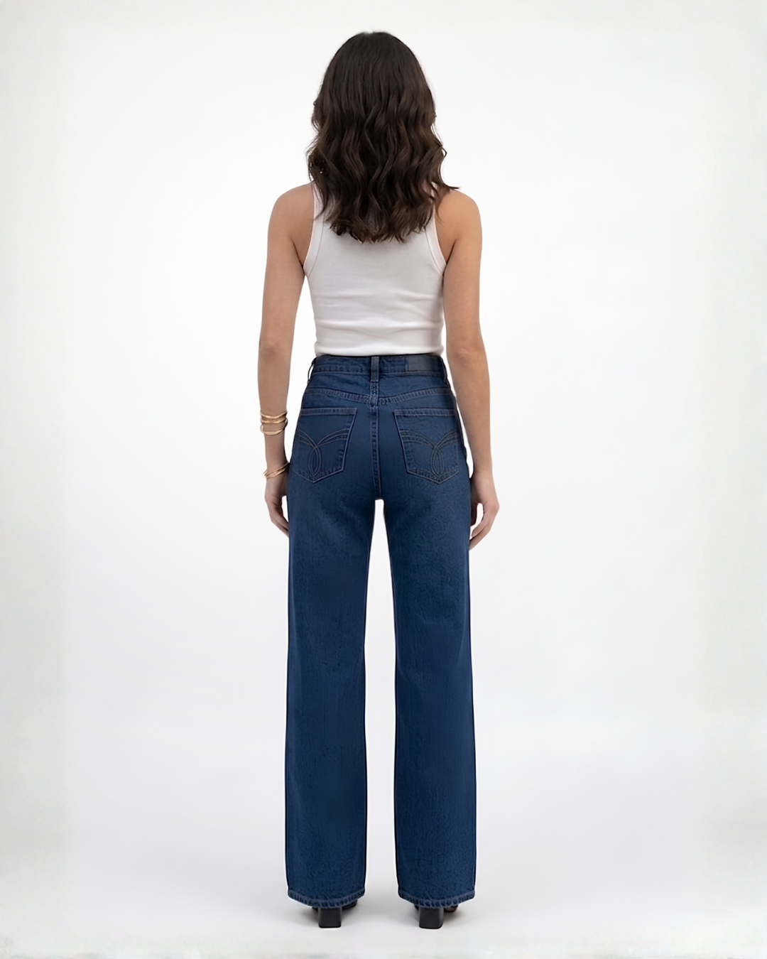 Midnight Blue Diamante Denim High Rise Wide Leg Jeans - Dark Blue