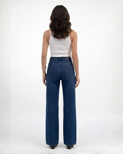 Midnight Blue Diamante Denim High Rise Wide Leg Jeans - Dark Blue
