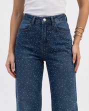 Midnight Blue Diamante Denim High Rise Wide Leg Jeans - Dark Blue