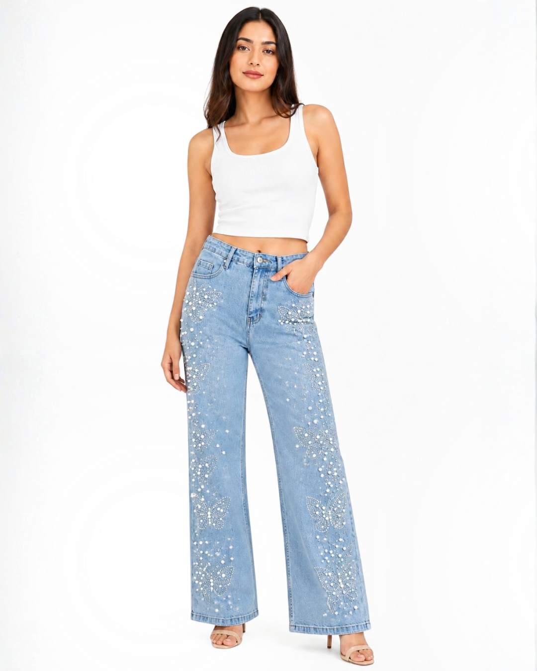 Ira - Rhinestone Embellished Jeans - Ice Blue