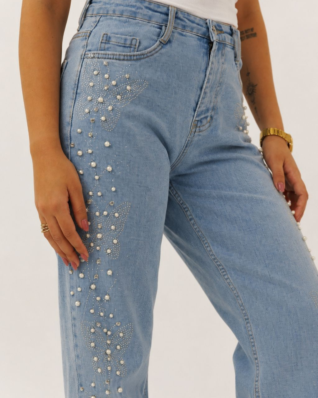 Ira - Rhinestone Embellished Jeans - Ice Blue