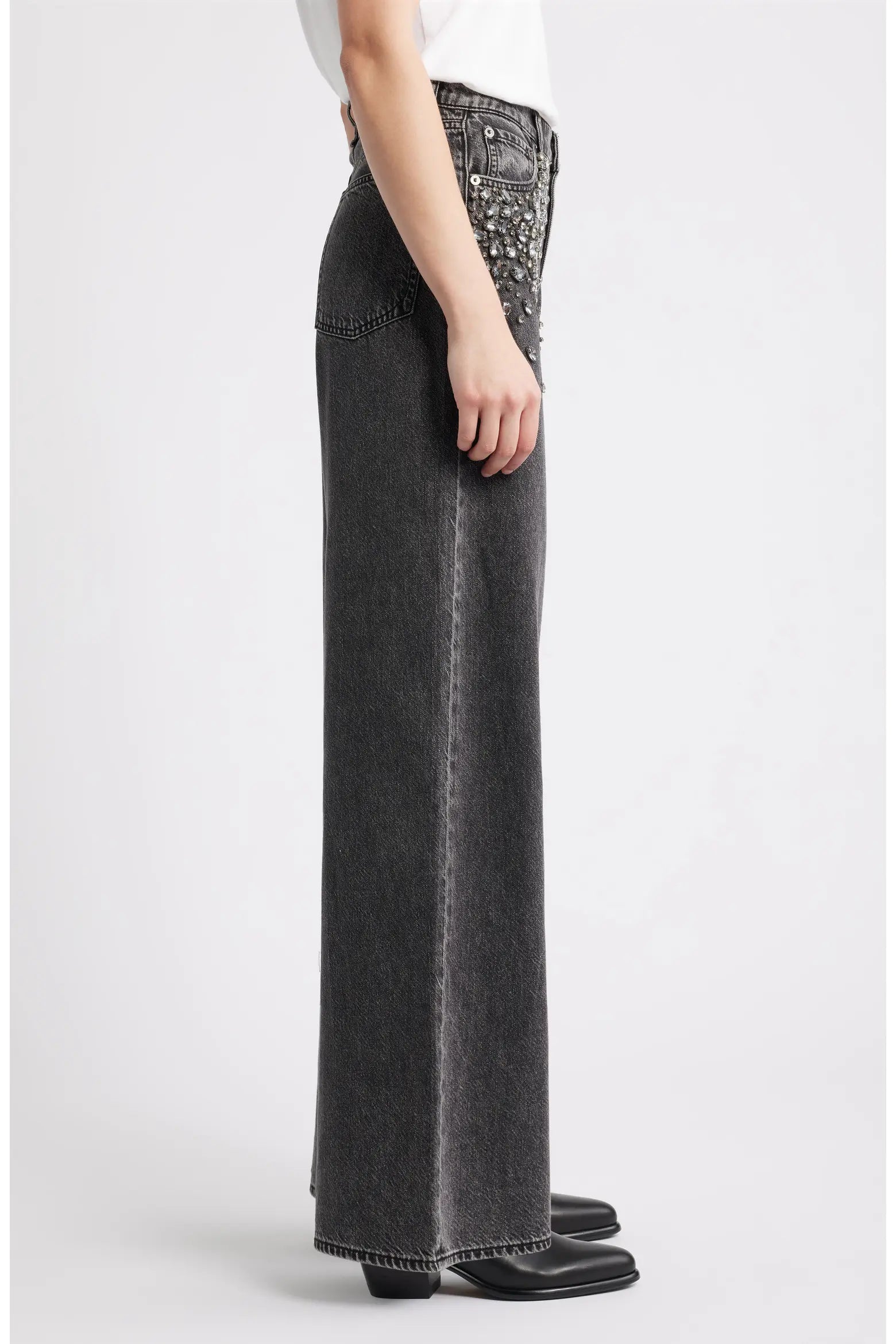 Glam Noir - Rhinestone Embellished Wide Leg Jeans - Black