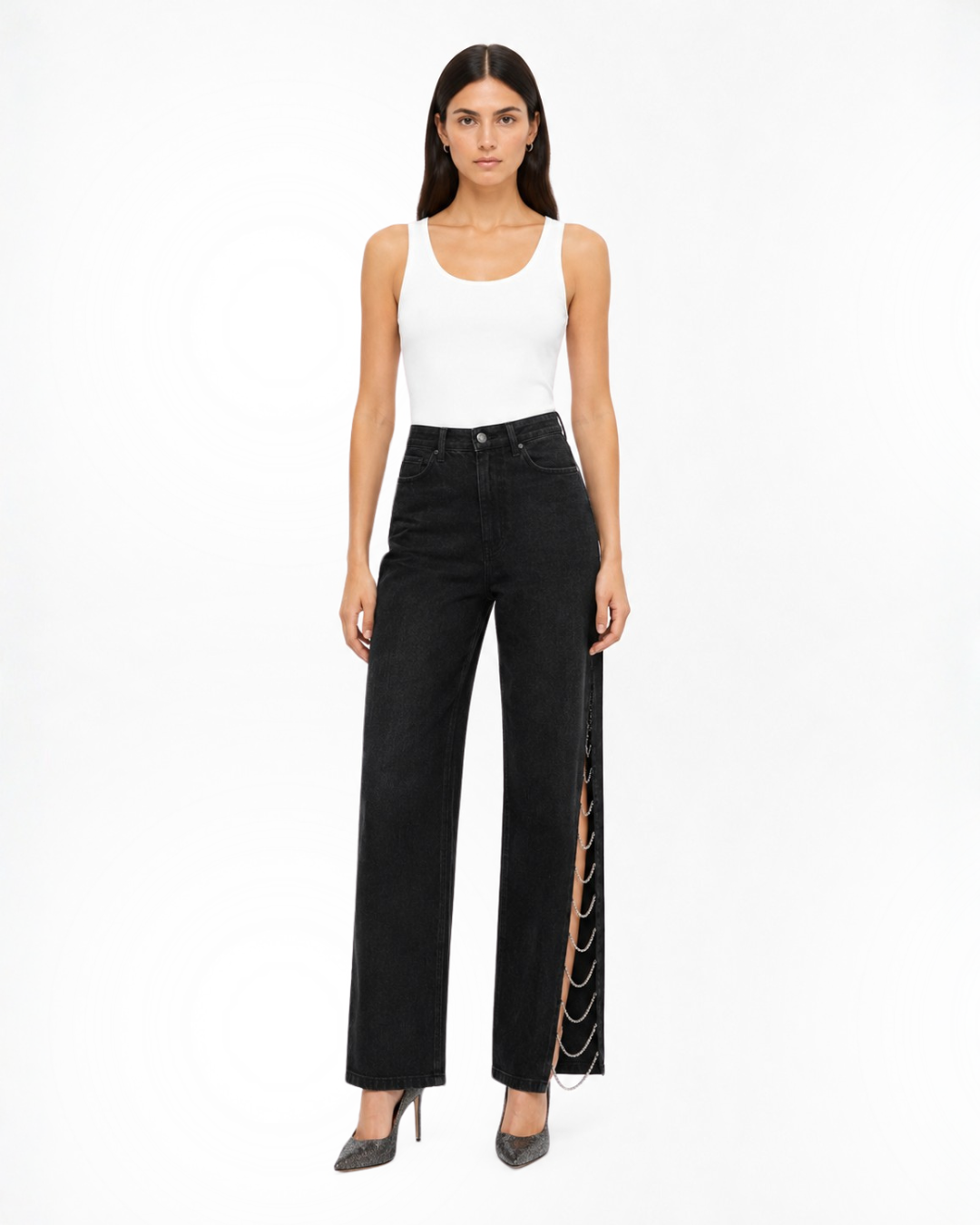 Side Slit Rhinestone Embellished Jeans - Black