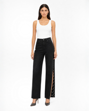 Side Slit Rhinestone Embellished Jeans - Black