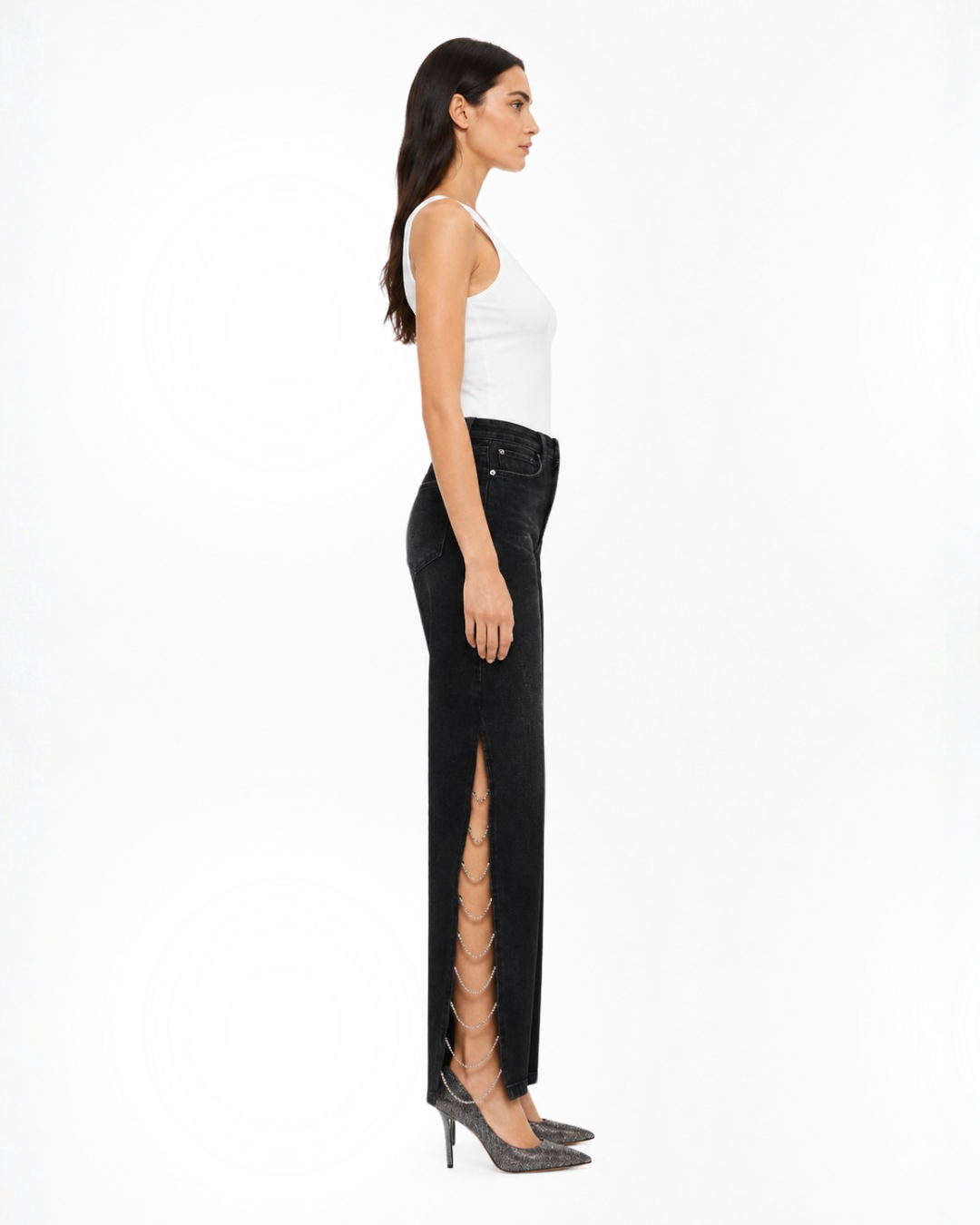 Side Slit Rhinestone Embellished Jeans - Black