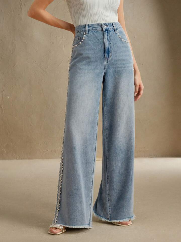 Lea - Pearl Embellished Wide Leg Jeans - Ice Blue