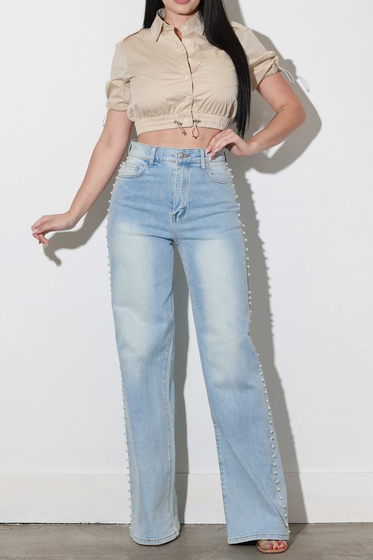 Pearl Studded Wide Leg Jeans - Ice Blue