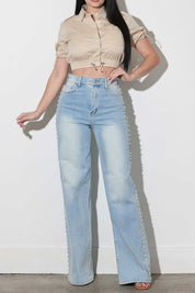 Pearl Studded Wide Leg Jeans - Ice Blue