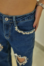 Eros - Rhinestone Embellished Cut Out Jeans - Dark Blue