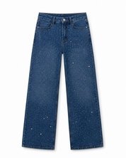 Midnight Blue Diamante Denim High Rise Wide Leg Jeans - Dark Blue
