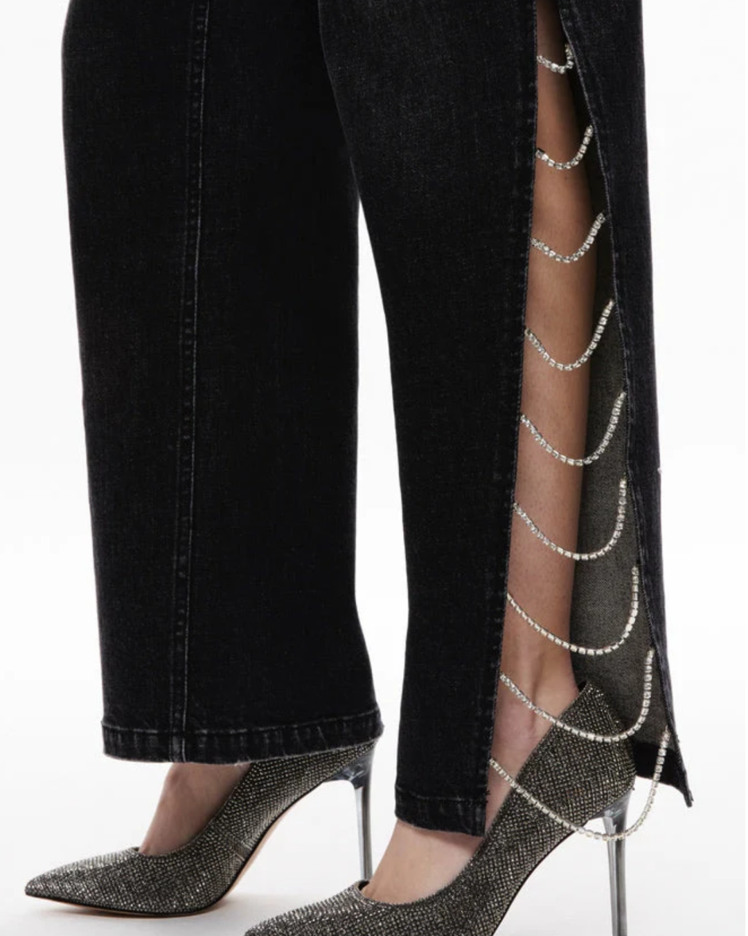 Side Slit Rhinestone Embellished Jeans - Black
