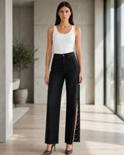 Side Slit Rhinestone Embellished Jeans - Black