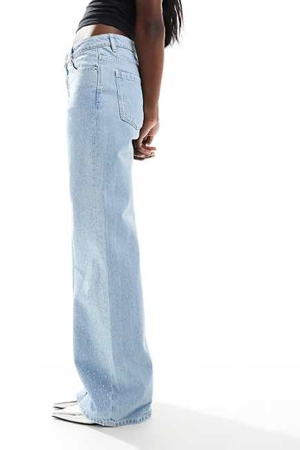 Rhinestone Embellished Wide Leg Jeans - Ice Blue