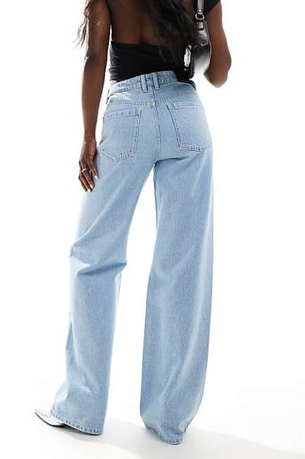 Rhinestone Embellished Wide Leg Jeans - Ice Blue