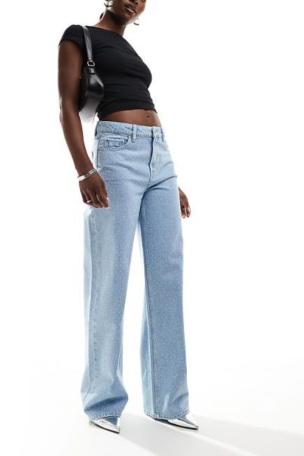 Rhinestone Embellished Wide Leg Jeans - Ice Blue