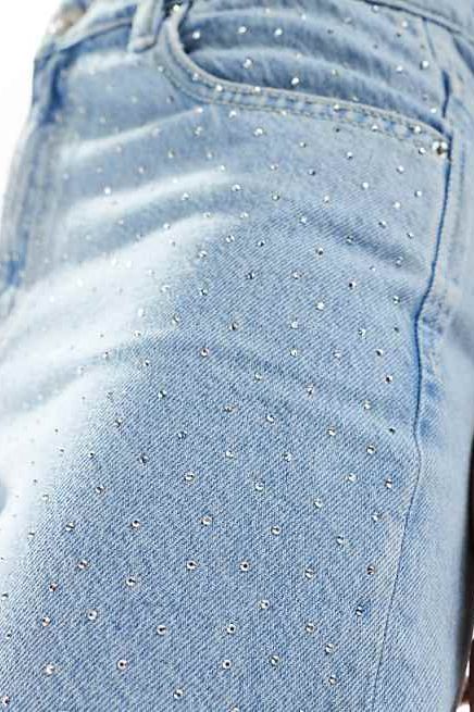 Rhinestone Embellished Wide Leg Jeans - Ice Blue