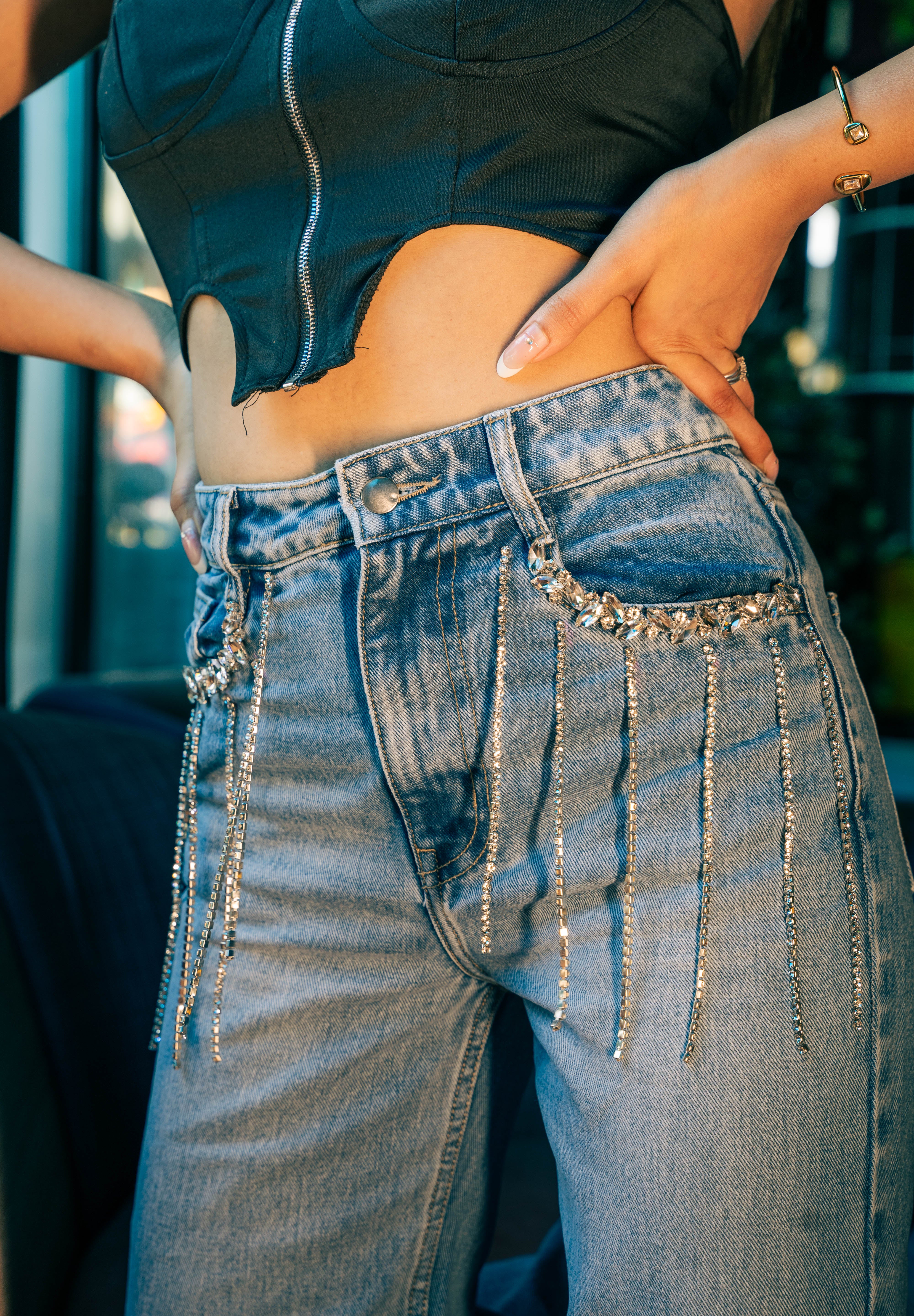 Arabia - Rhinestone Embellished Wide Leg Jeans