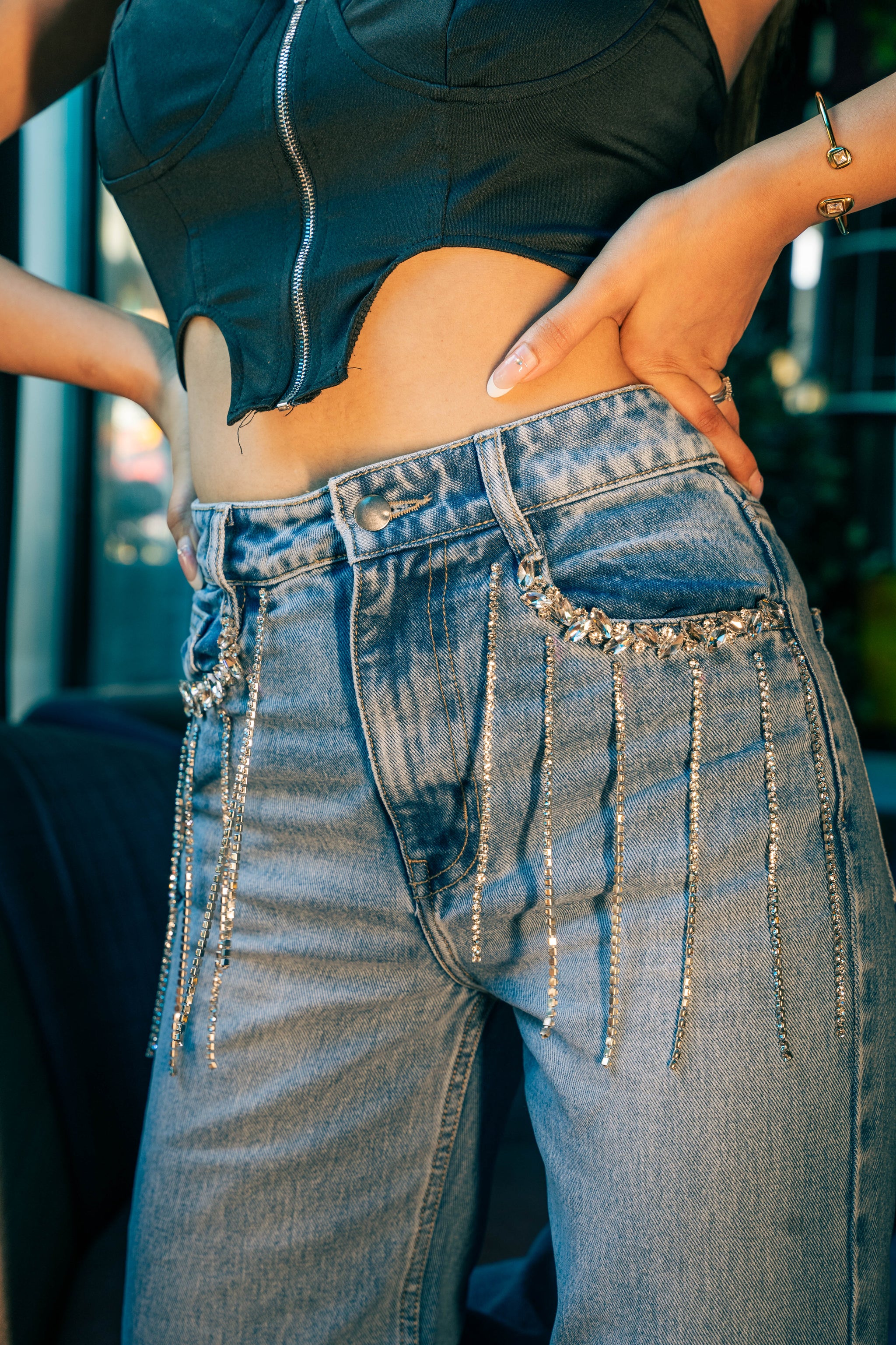 Arabia - Rhinestone Embellished Wide Leg Jeans