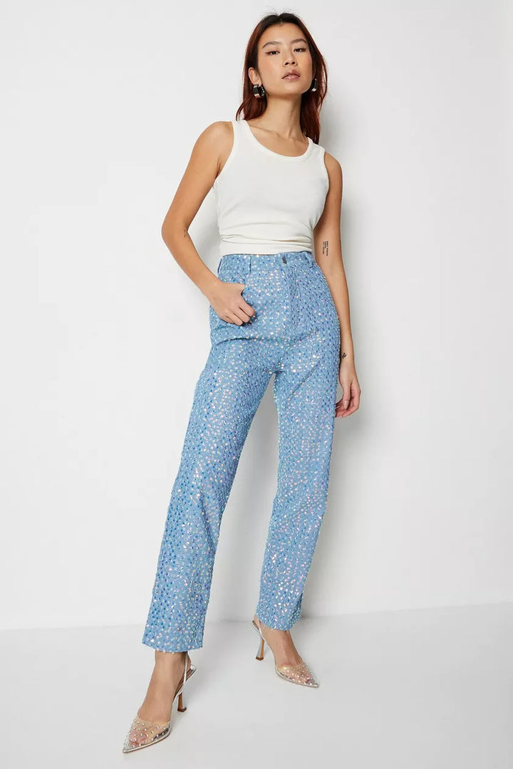 High Rise Wide Leg Sequins Jeans - Isabella