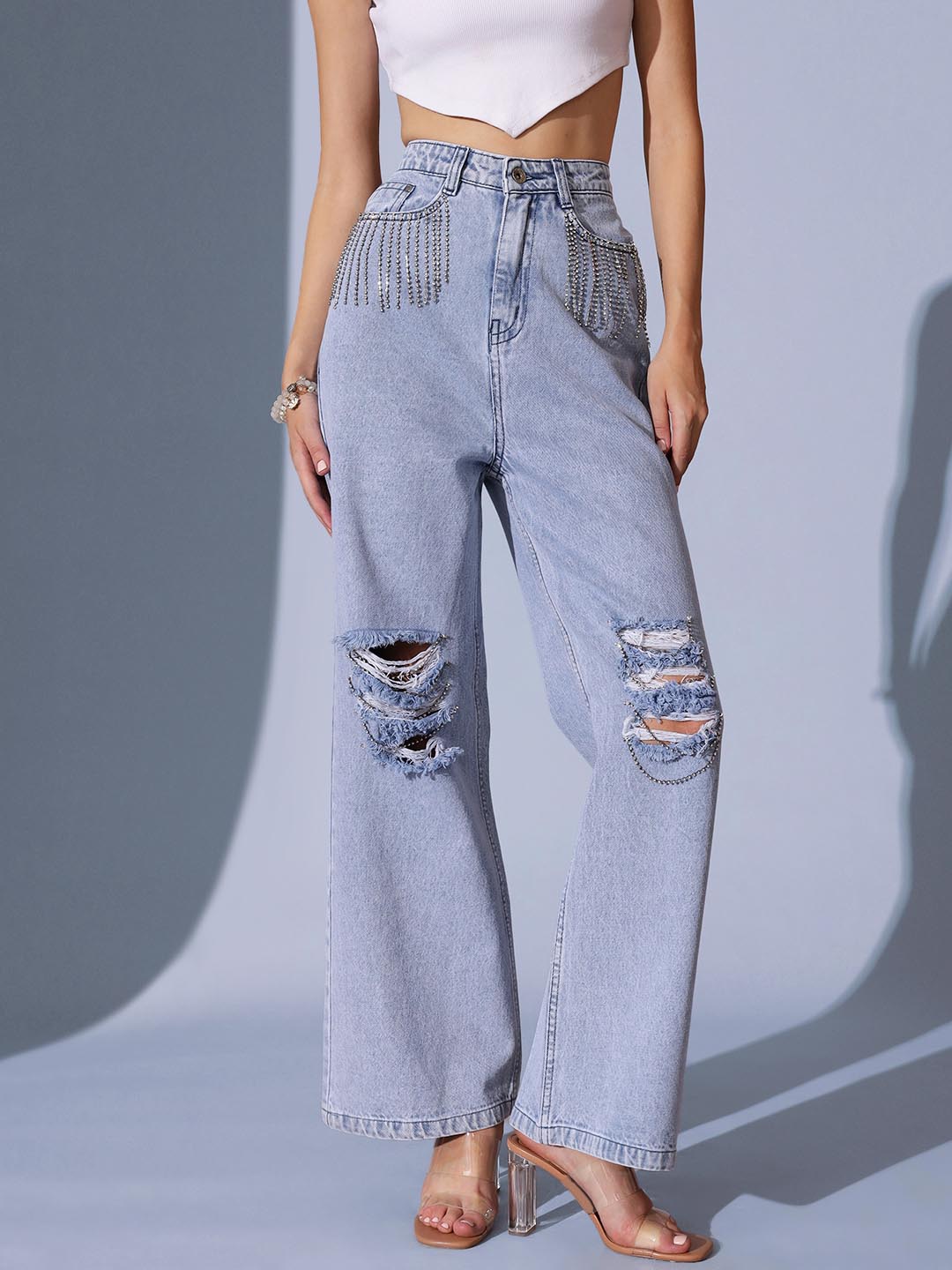 Sparkle Drip  - Distressed Rhinestone Embellished Wide Leg Jeans - Ice Blue