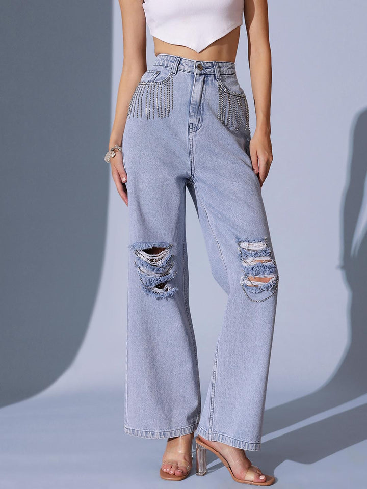 Sparkle Drip  - Distressed Rhinestone Embellished Wide Leg Jeans - Ice Blue