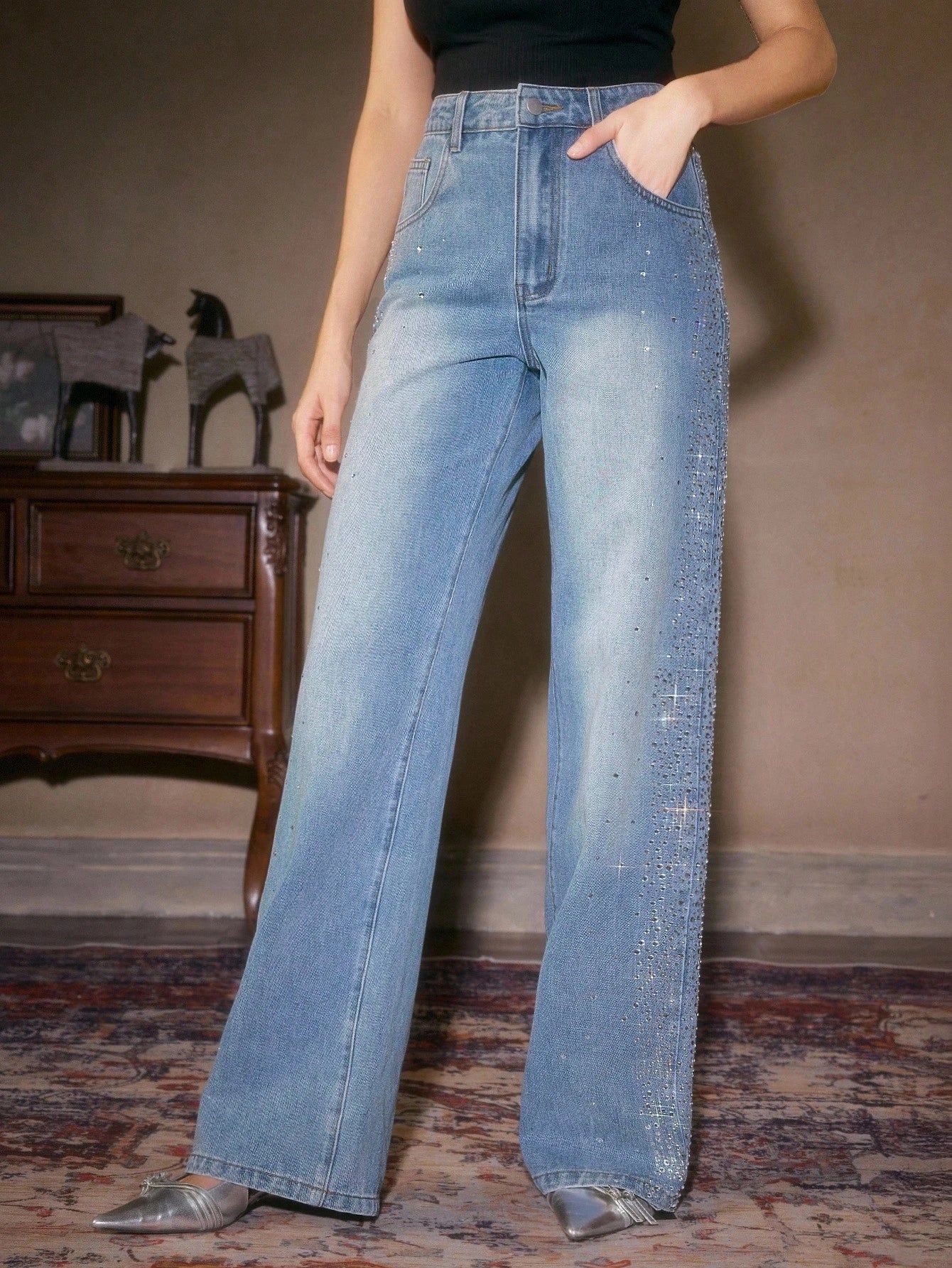 Mira - Rhinestone Embellished Wide Leg Jeans - Ice Blue