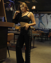 Myra - High Rise Pearl Embellished Wide Leg Jeans - Black