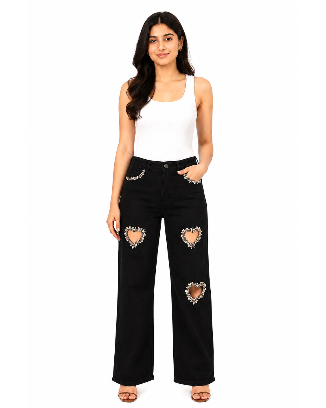 Black Heart - Rhinestone Embellished Cut Out Jeans - Black