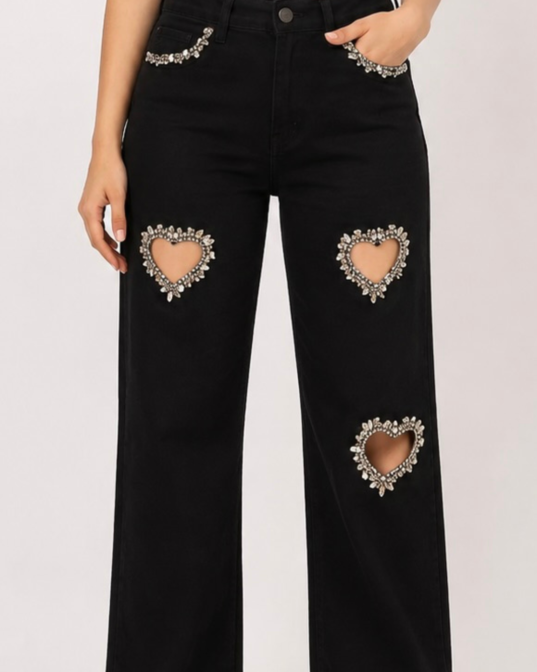 Black Heart - Rhinestone Embellished Cut Out Jeans - Black