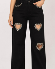Black Heart - Rhinestone Embellished Cut Out Jeans - Black