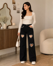 Black Heart - Rhinestone Embellished Cut Out Jeans - Black